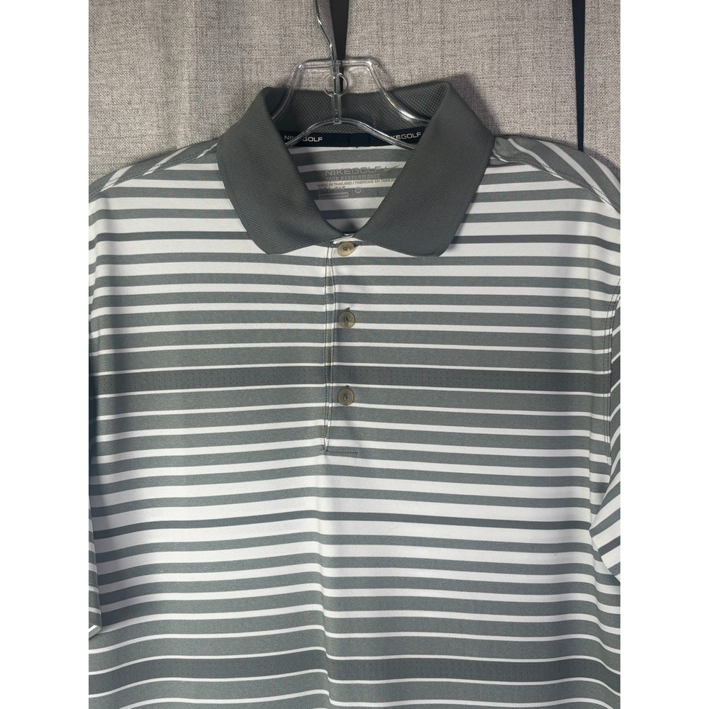 Nike Golf Mens Grey White Striped Dri-FIT Tour Performance Polo Shirt Size M